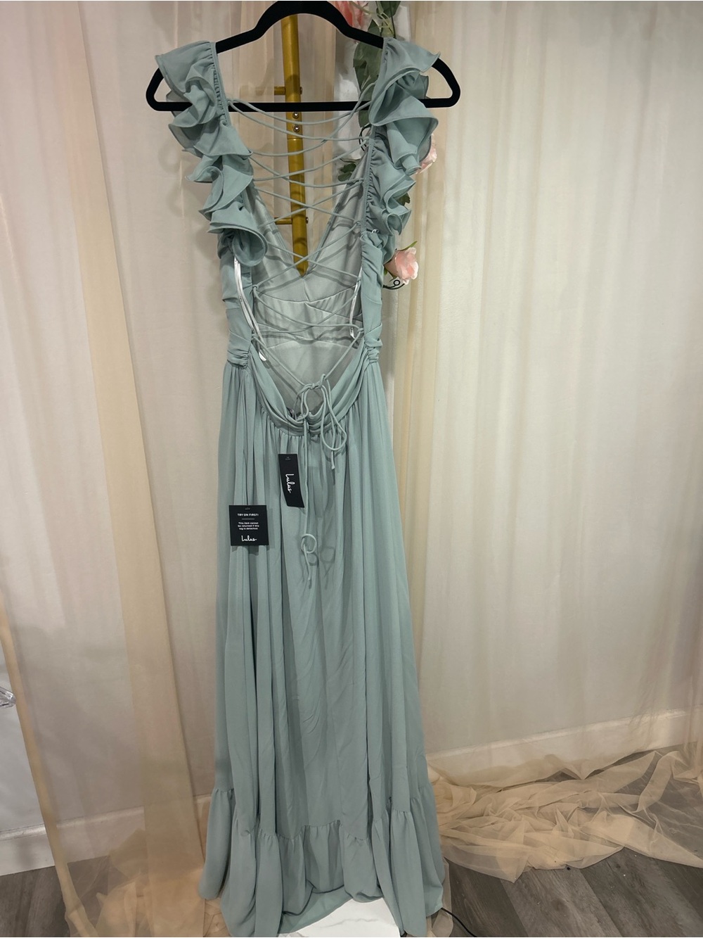 Lulus Sage Green Ruffle Lace-Up Back Maxi Dress NWT Medium - Picture 6 of 9
